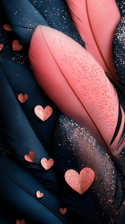 Beautiful color feathers with hearts on black background. Love and Valentine's day concept.の素材