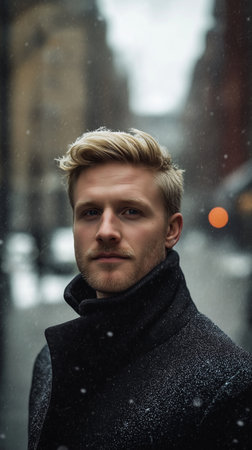 Portrait of a handsome young man in a black coat on the street.の素材