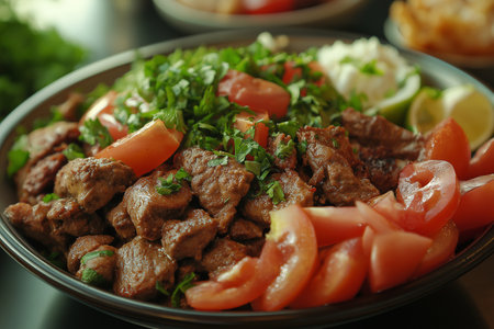 Delicious beef salad with tomato and herbs in bowl, closeupの素材