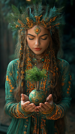 Portrait of a beautiful young woman in indian costume holding a plant.の素材