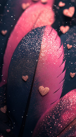 Valentine's day background with pink and purple feathers and heartsの素材