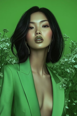 Beautiful asian woman in green suit with flowers. Fashion portrait.の素材