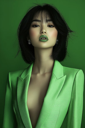 Fashion portrait of young beautiful asian woman in green suit.の素材