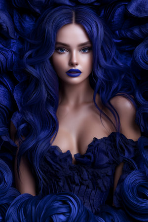 Beautiful young woman with blue hair and blue make-up.の素材