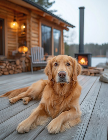 Golden Retriever dog on a wooden deck near the fireplace.の素材