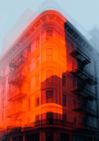 Beautiful red building in New York City on a foggy dayの素材