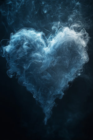 Blue smoke heart shape on black background. Abstract background for design.の素材