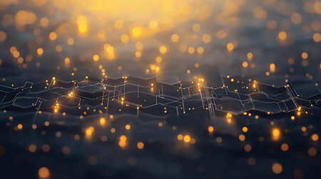 Abstract technology background with hexagons and glowing particles. 3d renderingの素材