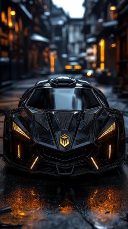 3D rendering of a futuristic concept car in the city at nightの素材