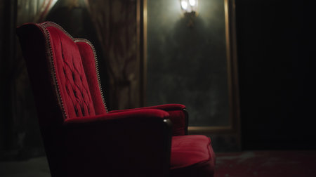 Red velvet armchair in a room with dark wall and window.の素材