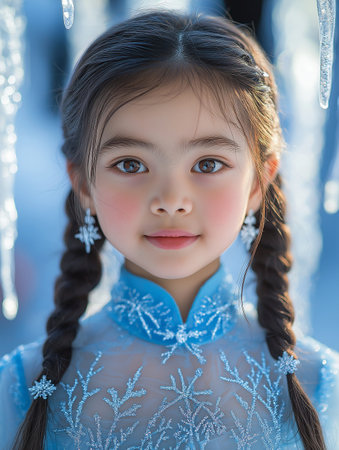 Portrait of a beautiful little girl with long braids in a blue dressの素材
