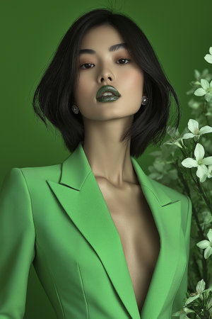 fashion portrait of beautiful asian woman with dark hair and green suitの素材