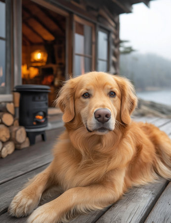 Golden Retriever dog on a wooden terrace by the lakeの素材