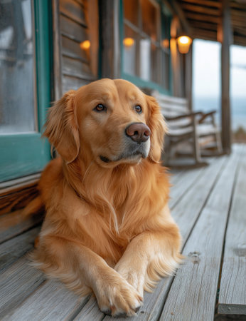 Golden Retriever sitting on the porch of a wooden house.の素材