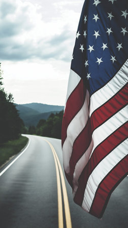 American flag on the road in the mountains. USA travel concept.の素材
