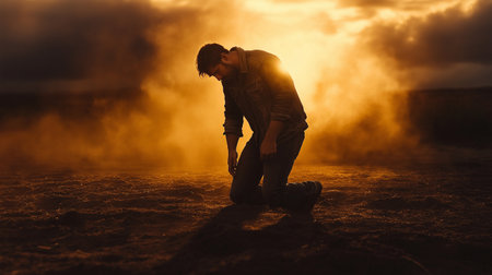Man in black t-shirt and jeans standing on the ground at sunsetの素材