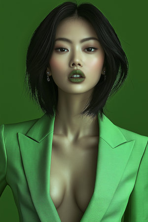 Beautiful asian woman in green coat. Portrait of asian woman.の素材