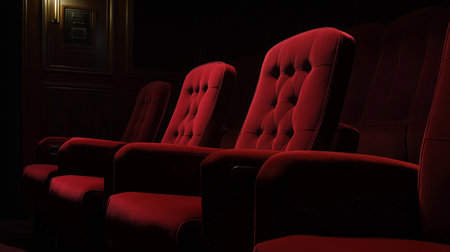 Red cinema seats in a dark room. 3d render image.の素材