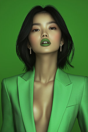 Beautiful asian woman in green suit. Fashion shot. Studio shot.の素材