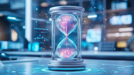 Hourglass with abstract glowing background. Time concept. 3D Renderingの素材