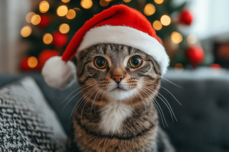 Cute cat in Santa hat on sofa with Christmas tree in backgroundの素材