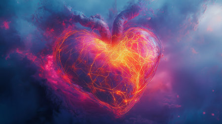 Red heart with lightning in the sky. 3d illustration, 3d renderingの素材