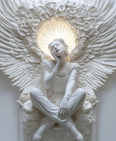 Beautiful white angel statue in the interior of the building, Thailand.の素材