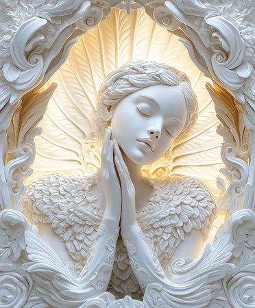 Angel with closed eyes. 3D illustration. White marble statue.の素材
