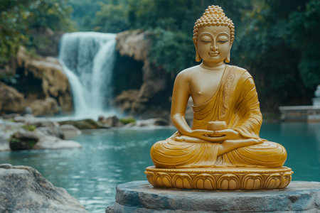 Buddha statue with waterfall in the background at Doi Inthanon, Chiang Mai, Thailandの素材