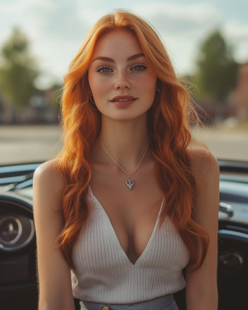 Portrait of a beautiful young woman with red hair in a convertible car.の素材