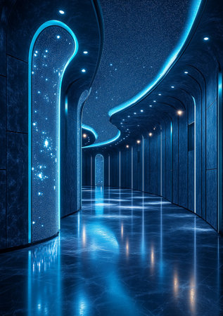 Abstract blue corridor with glowing lights and reflections. 3D Renderingの素材