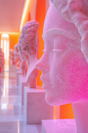 Sculpture of the head of a woman with pink hair.の素材