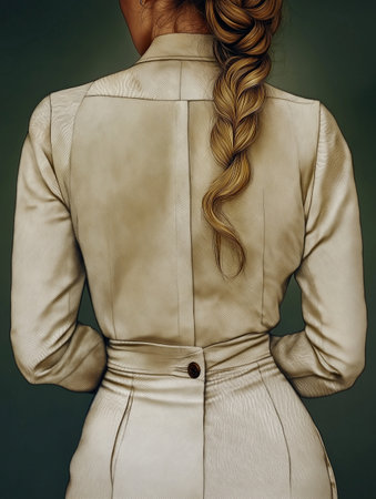 back view of woman in white dress with braids on dark backgroundの素材