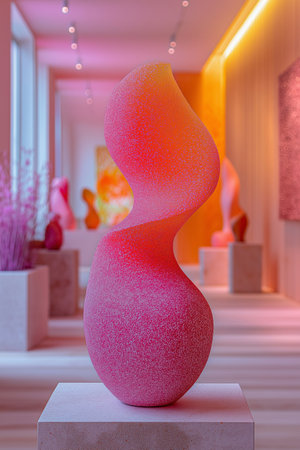 3D render of a modern interior design with colorful abstract shapes.の素材