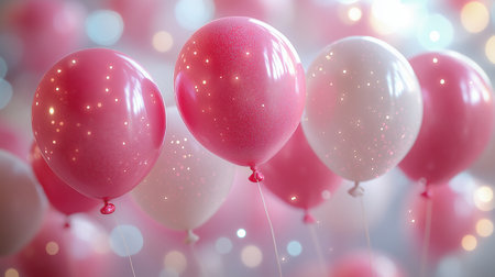 Bunch of pink and white balloons with bokeh background.の素材
