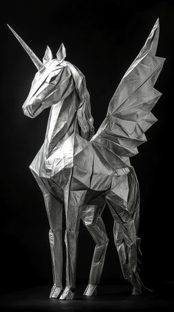 Unicorn origami figure on black background. Black and whiteの素材