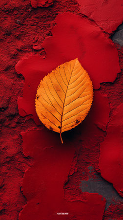 Autumn leaves on the background of a red wall. Autumn conceptの素材