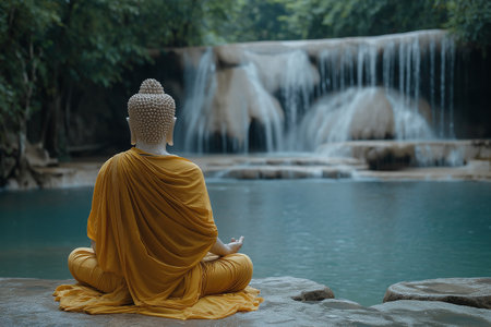 Buddhist monk meditating in front of waterfall in the forestの素材