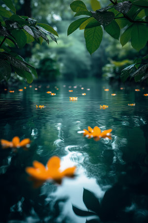 Beautiful orange flowers in a pond with green leaves and water reflectionの素材
