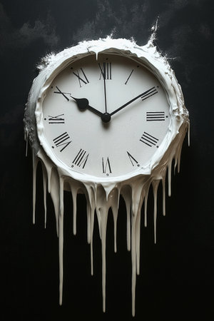White wall clock with dripping white paint on black background. Time concept.の素材