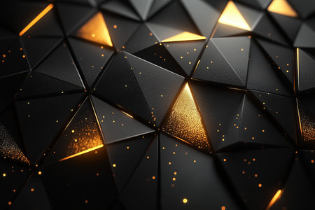 Abstract black polygonal background with golden lights. 3d renderingの素材