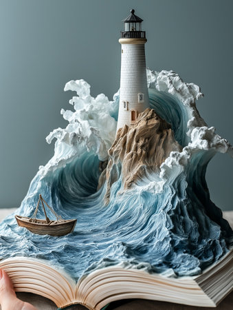Lighthouse on a sea wave and a boat on open book.の素材