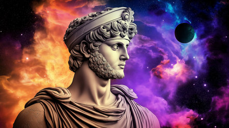 Ancient Greek statue in space with planets and stars, 3d illustrationの素材