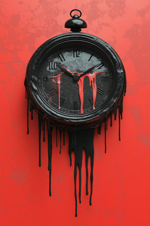 Clock face with dripping blood on a red background. 3d renderingの素材
