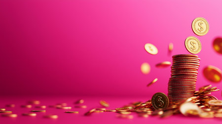 Golden coins falling on pink background with copy space. Financial concept.の素材