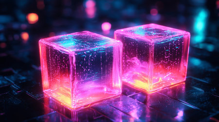 3d render of cubes with neon lights on a dark background.の素材