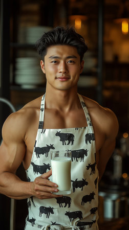 Handsome asian man with a glass of milk in the gymの素材