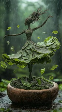 Fantasy green tree in the rain, 3d render. Computer digital drawing.の素材