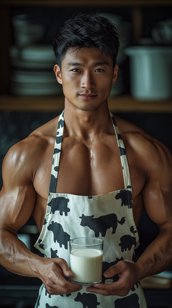 Handsome asian man holding a glass of milk in the kitchenの素材