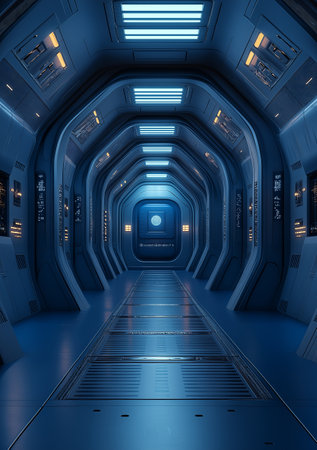 Futuristic spaceship interior corridor with blue glowing lights 3D renderingの素材
